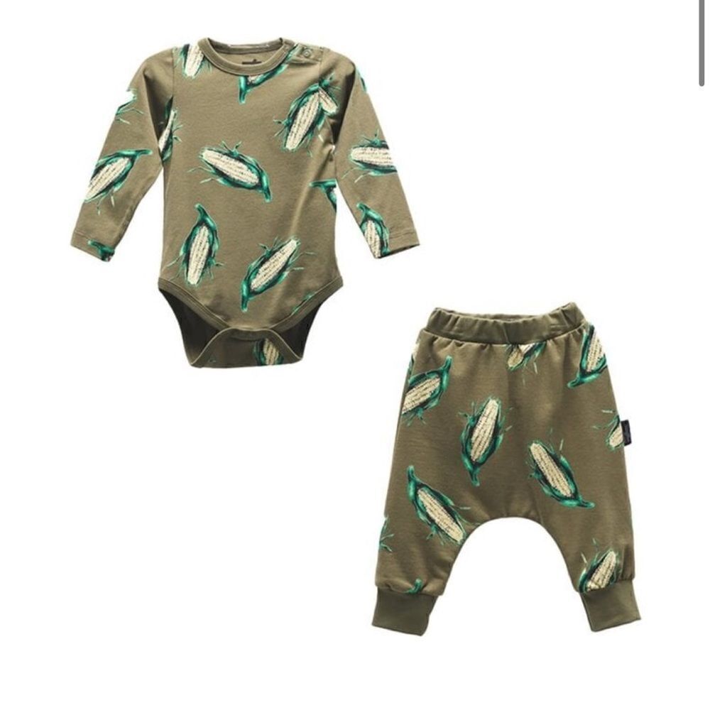 MOI NOI Corn Bodysuit Outfit, Onesie, Harem Pants, Khaki Green, 18-24